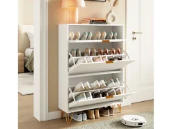 Sapateira Moderna em Madeira com 3 Portas Basculantes, Pés Metálicos Dourados e Design Anti-Queda – Armário de Sapatos Grande, Branco, 49x29x120 cm