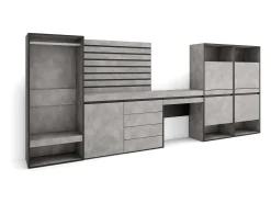 Sapateira, 335x57x145cm, Para quarto, dormitório, Roupeiro aberto, Cómoda, Tiras Deco. Madeira, Toucador, Cimento