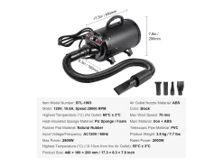 Secador de Pelos para Animais de Estimação SucceBuy 2000 W, Velocidade Ajustável, 4 Bicos, Preto
