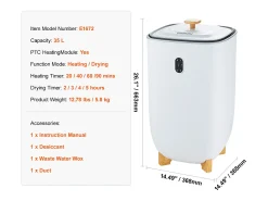 Secador de Toalhas SucceBuy, Balde de Aquecimento de Toalhas 35L, Tela LED, Função de Secagem, Minuterio, Branco