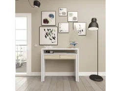 Secretária Billings, Secretária com tampo extensível, Secretária para PC com 2 gavetas, 99x36h88 cm, Branco e Carvalho