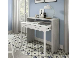 Secretária Billings, Secretária com tampo extensível, Secretária PC com 2 gavetas, 99x36h88 cm, Cimento e Branco