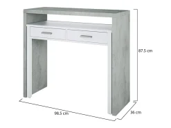 Secretária Billings, Secretária com tampo extensível, Secretária PC com 2 gavetas, 99x36h88 cm, Cimento e Branco