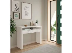 Secretária Billings, Secretária com tampo extensível, Secretária para PC com 2 gavetas, 99x36h88 cm, Branco