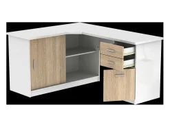 Secretária canto 2 portas, 2 gavetas Branco e carvalho NORWY