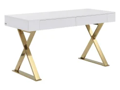 Secretária com 2 gavetas em MDF lacado e metal branco e dourado PLEISA