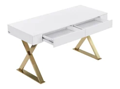 Secretária com 2 gavetas em MDF lacado e metal branco e dourado PLEISA