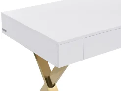 Secretária com 2 gavetas em MDF lacado e metal branco e dourado PLEISA