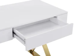 Secretária com 2 gavetas em MDF lacado e metal branco e dourado PLEISA