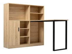 Secretária com 1 porta e 6 nichos, estrutura em MDF folheado a madeira natural clara e metal preto - 120x50x120cm
