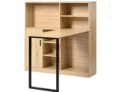 Secretária com 1 porta e 6 nichos, estrutura em MDF folheado a madeira natural clara e metal preto - 120x50x120cm