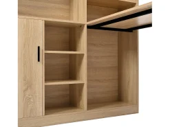 Secretária com 1 porta e 6 nichos, estrutura em MDF folheado a madeira natural clara e metal preto - 120x50x120cm