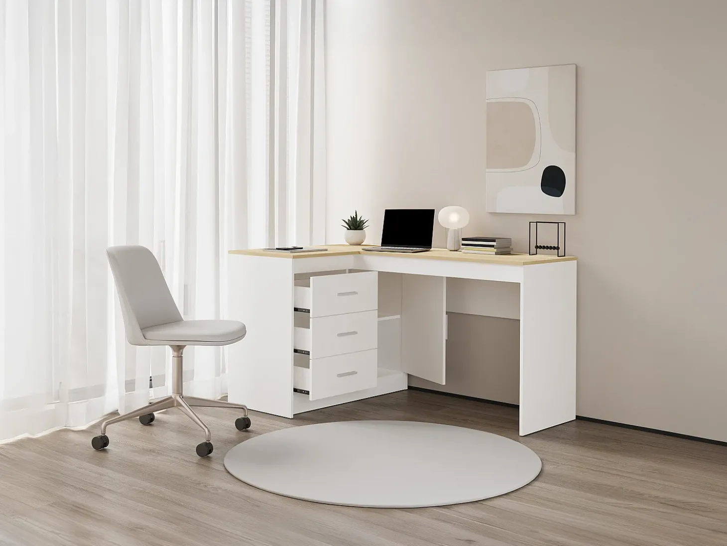 Secretária com arrumação em cor branco e natural - RIDOVA