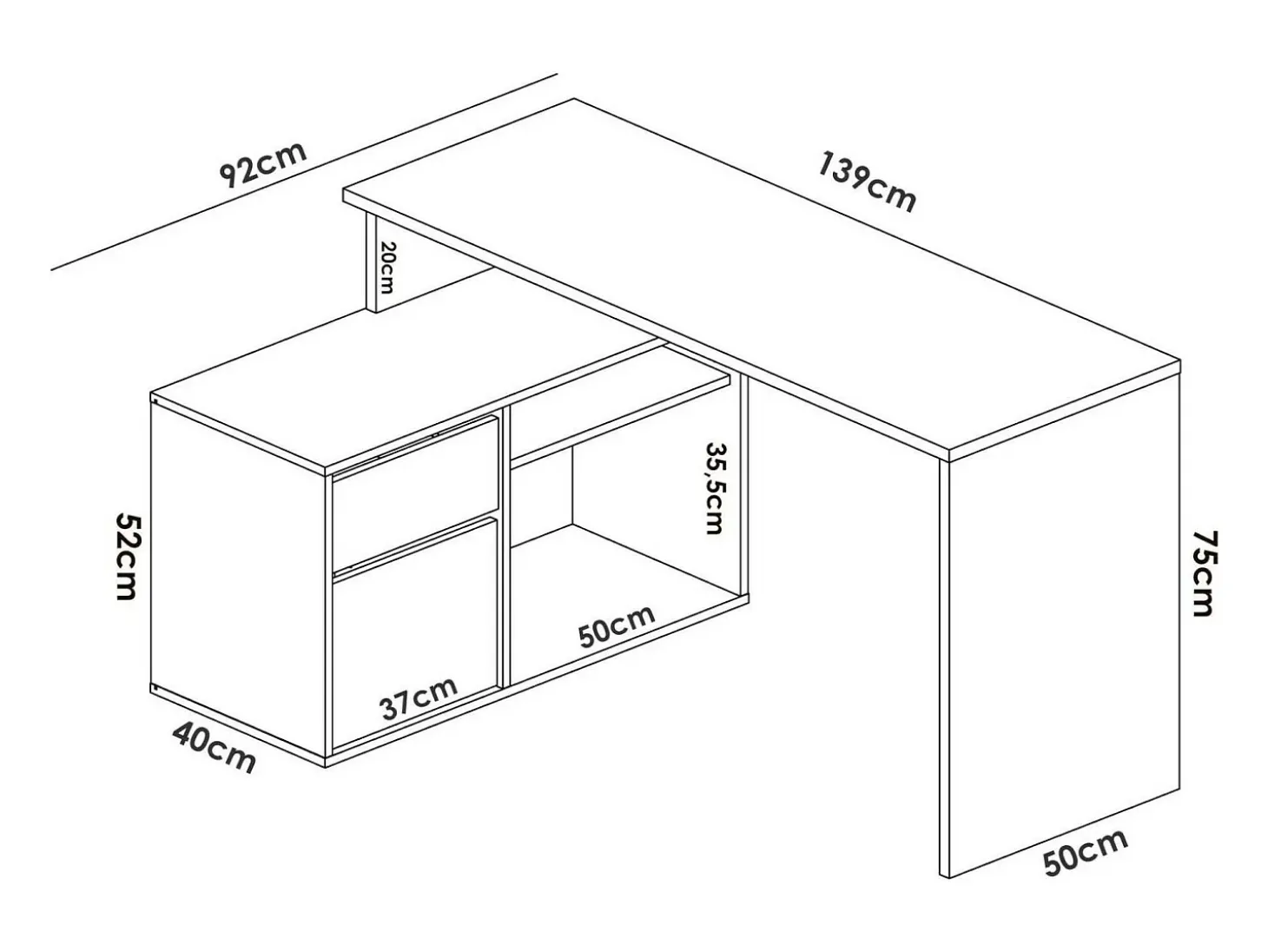 Secretária Ddiaw, Secretária multiposições para escritório ou quarto, Mesa de estudo multiusos de canto, 139x92h75 cm, Branco e Carvalho