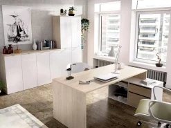 Secretária Ddiaw, Secretária multiposições para escritório ou quarto, Mesa de estudo multiusos de canto, 139x92h75 cm, Branco e Carvalho