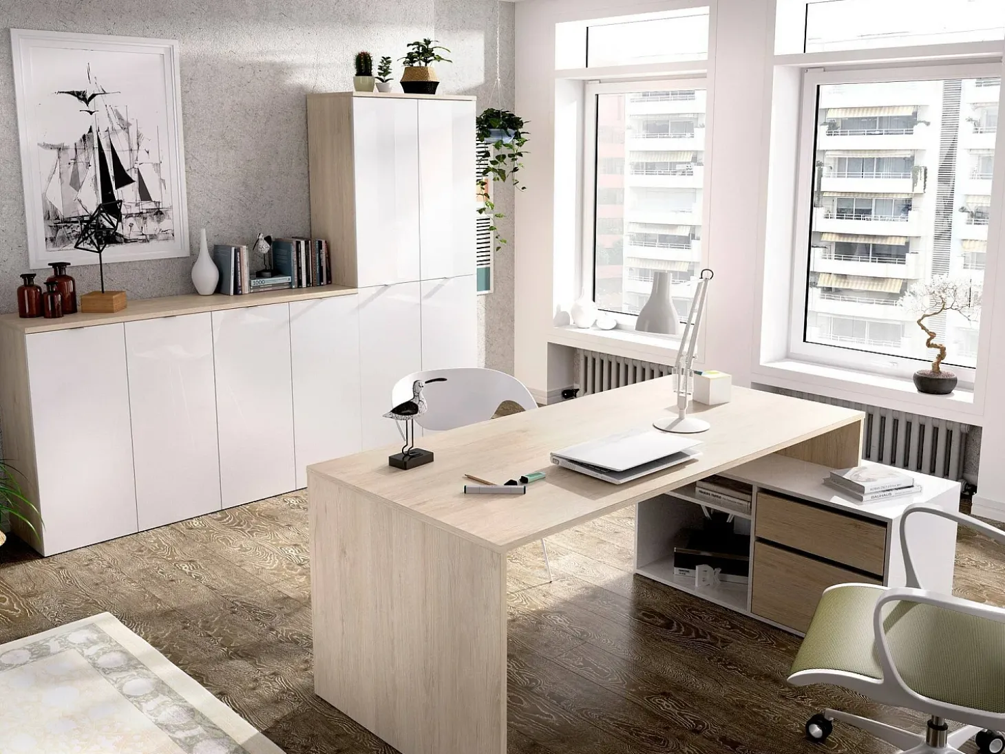 Secretária Ddiaw, Secretária multiposições para escritório ou quarto, Mesa de estudo multiusos de canto, 139x92h75 cm, Branco e Carvalho