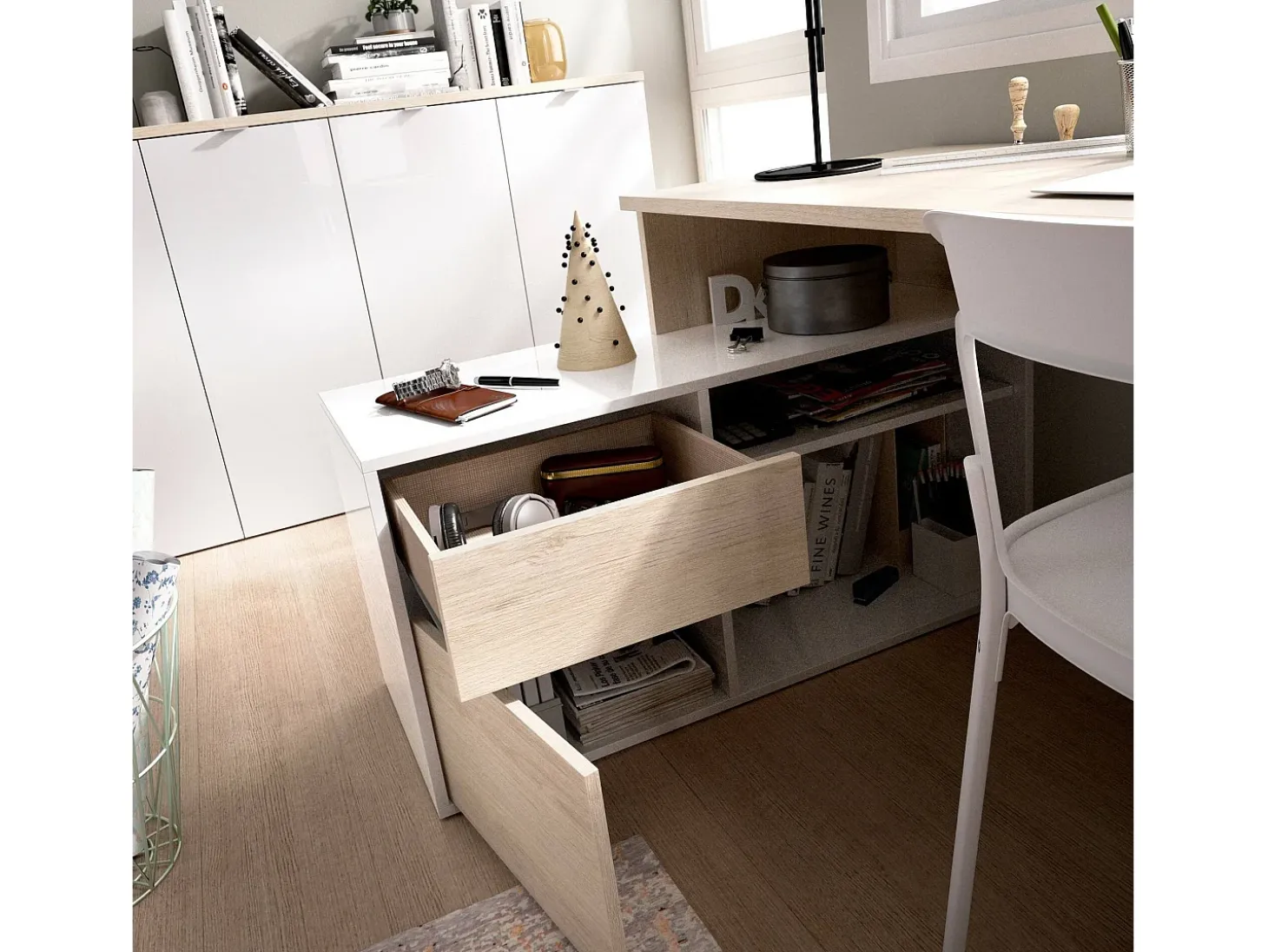 Secretária Ddiaw, Secretária multiposições para escritório ou quarto, Mesa de estudo multiusos de canto, 139x92h75 cm, Branco e Carvalho
