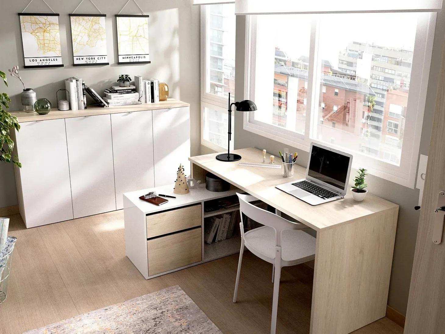 Secretária Ddiaw, Secretária multiposições para escritório ou quarto, Mesa de estudo multiusos de canto, 139x92h75 cm, Branco e Carvalho