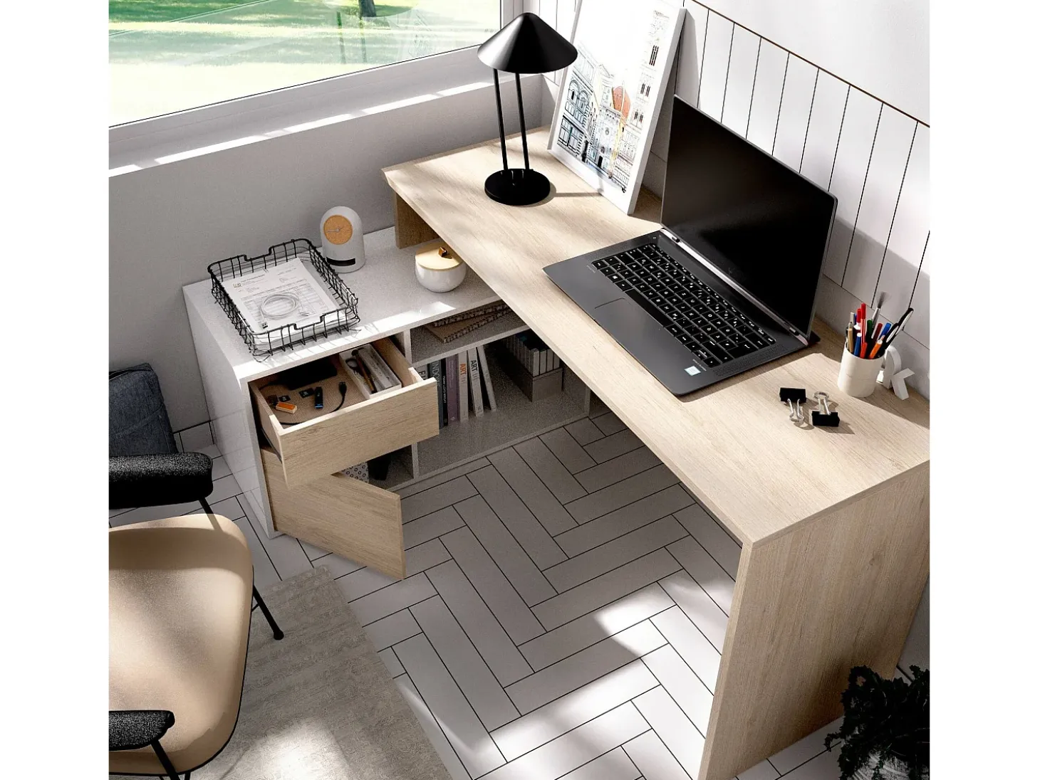 Secretária Ddiaw, Secretária multiposições para escritório ou quarto, Mesa de estudo multiusos de canto, 139x92h75 cm, Branco e Carvalho