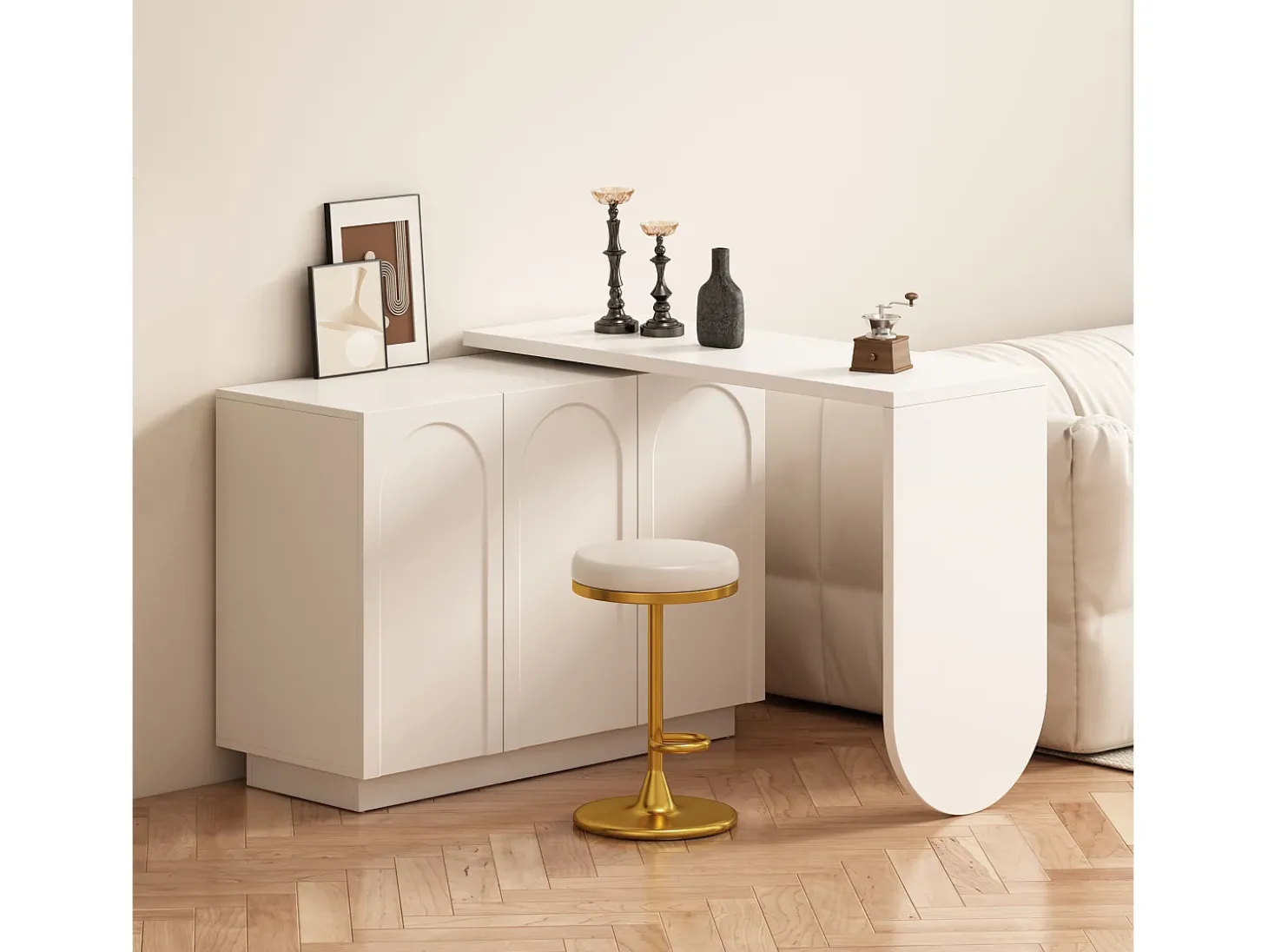 Secretária de canto com 3 gavetas e 2 portas de vime - 126 x 40 x 75 cm - MDF - Branco