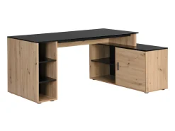 Secretária de canto com espaços de arrumação em MDF natural e preto - ROMIARA