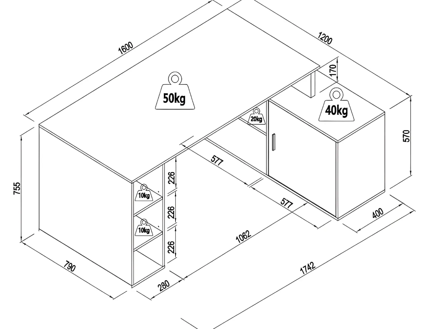 Secretária de canto com espaços de arrumação em MDF natural e preto - ROMIARA