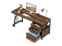 Secretária de computador com 3 gavetas, 150 cm, com gavetas reversíveis, secretária industrial com tabuleiro de arrumação para casa e escritório, castanho rústico