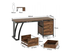 Secretária de computador com 3 gavetas, 150 cm, com gavetas reversíveis, secretária industrial com tabuleiro de arrumação para casa e escritório, castanho rústico