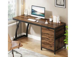 Secretária de computador com 3 gavetas, 150 cm, com gavetas reversíveis, secretária industrial com tabuleiro de arrumação para casa e escritório, castanho rústico