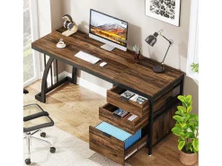 Secretária de computador com 3 gavetas, 150 cm, com gavetas reversíveis, secretária industrial com tabuleiro de arrumação para casa e escritório, castanho rústico