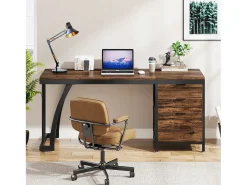 Secretária de computador com 3 gavetas, 150 cm, com gavetas reversíveis, secretária industrial com tabuleiro de arrumação para casa e escritório, castanho rústico