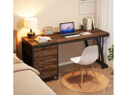 Secretária de computador com 3 gavetas, 150 cm, com gavetas reversíveis, secretária industrial com tabuleiro de arrumação para casa e escritório, castanho rústico