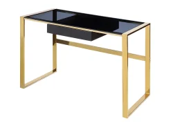 Secretária design com 1 gaveta vidro temperado preto e aço dourado. SALI