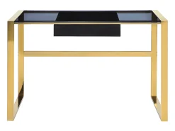 Secretária design com 1 gaveta vidro temperado preto e aço dourado. SALI