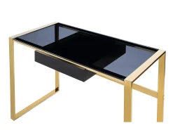 Secretária design com 1 gaveta vidro temperado preto e aço dourado. SALI