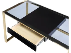 Secretária design com 1 gaveta vidro temperado preto e aço dourado. SALI