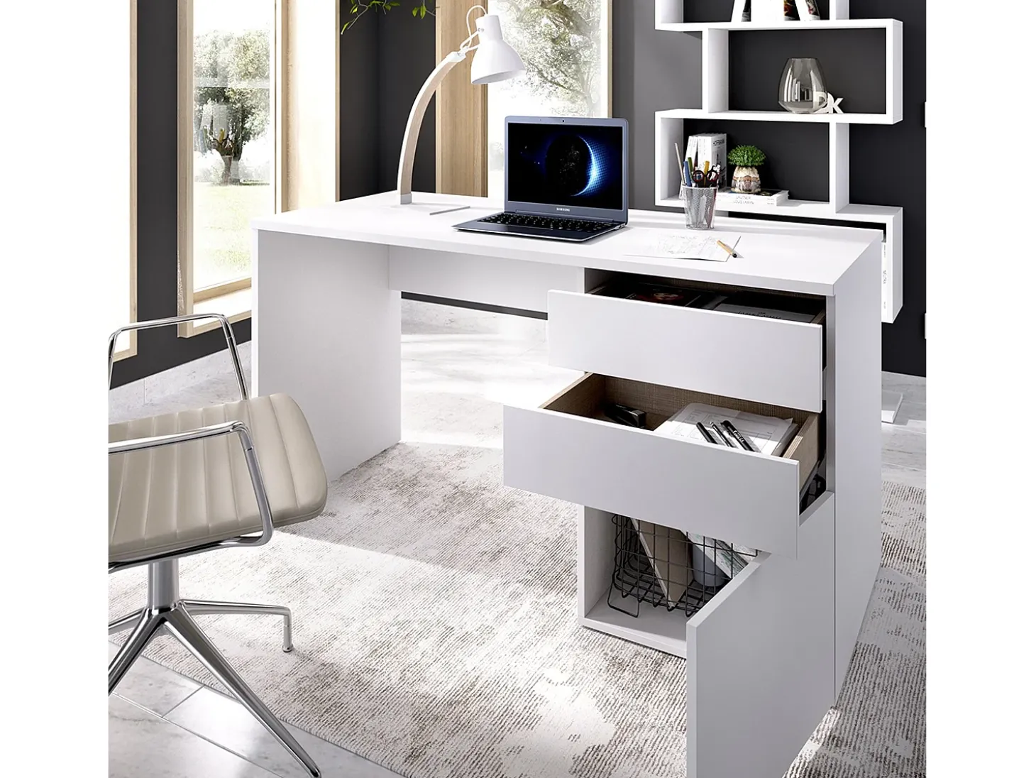 Secretária Dgabbi, Secretária multiusos para escritório ou quarto, Mesa de estudo linear com 2 gavetas e 1 porta, 139x60h75 cm, Branco