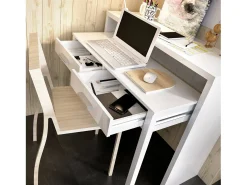Secretária Dghelle, Secretária multiposições com tampo extraível, Consola de estudo linear com 2 gavetas, 99x70h88 cm, Branco