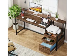 Secretária ergonómica com gavetas e suporte para monitor - 160 x 50 x 90 cm - Secretária ergonómica com ranhura para impressora - para escritório em casa