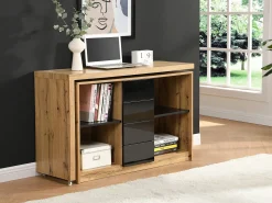 Secretária extensível com tampo giratório 360° em MDF natural e preto - PAVELO