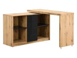Secretária extensível com tampo giratório 360° em MDF natural e preto - PAVELO