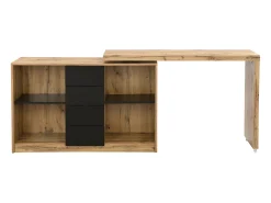 Secretária extensível com tampo giratório 360° em MDF natural e preto - PAVELO