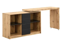 Secretária extensível com tampo giratório 360° em MDF natural e preto - PAVELO