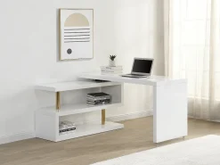 Secretária extensível com tampo giratório 360º MDF lacado branco e dourado - NICEPHORE II