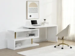 Secretária extensível com tampo giratório 360º MDF lacado branco e dourado - NICEPHORE II