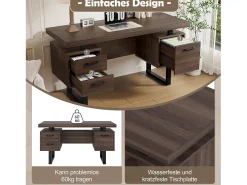 Secretária individual - 135 x 54 x 76 cm - com 3 gavetas silenciosas - à prova de respingos - MDF + Metal - marrom