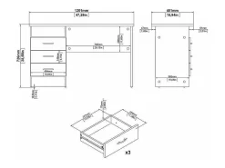 Secretária linear com três gavetas, cor carvalho branco, medidas 120 x 72 x 48 cm