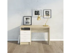 Secretária linear com três gavetas, cor carvalho branco, medidas 120 x 72 x 48 cm