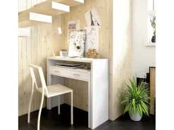 Secretária Losetta, Secretária multiposições com tampo extraível, Consola de estudo linear com 2 gavetas, 99x70h88 cm, Branco
