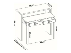 Secretária Losetta, Secretária multiposições com tampo extraível, Consola de estudo linear com 2 gavetas, 99x70h88 cm, Branco